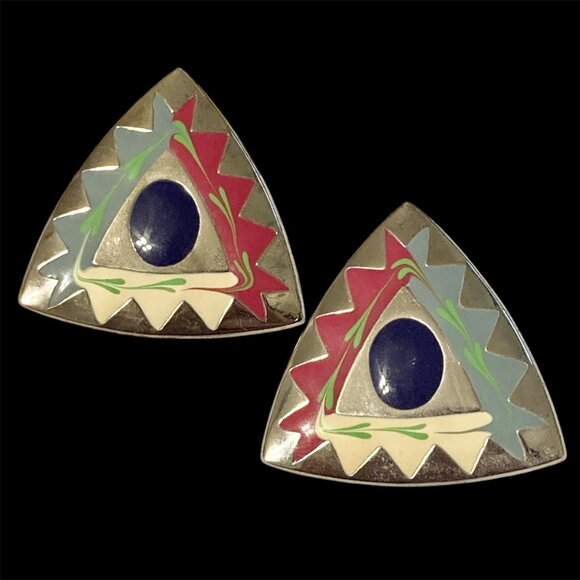 Vintage Southwestern Enamel Earrings Aqua Silver Tone Post Boho Western Triangle - Picture 2 of 11